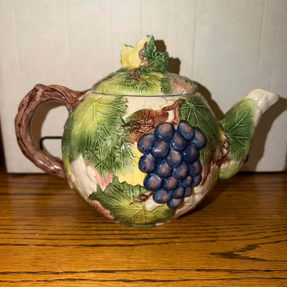 Vintage Majolica Style Grape Vine Ceramic Teapot